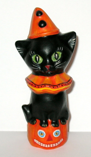 Halloween Chalkware Cat on Jack O' Lantern from an antique chocolate mold