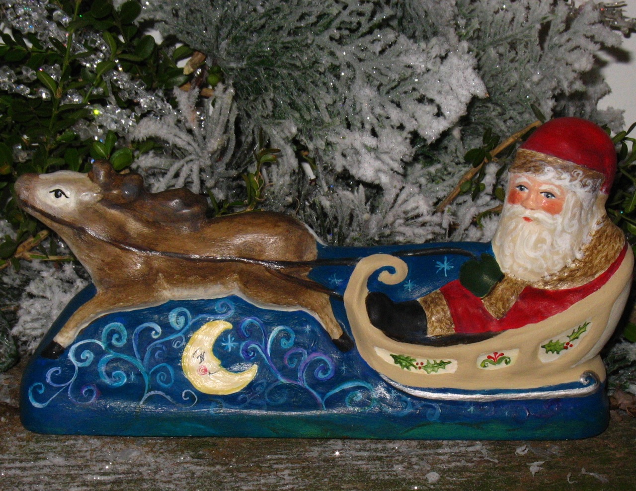 Chalkware Santa in Sleigh from antique chocolate mold