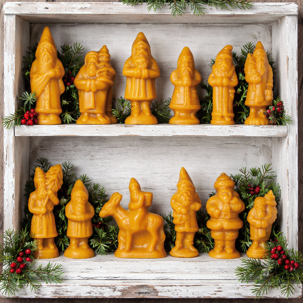 Beeswax Miniature Santas cast from antique chocolate molds sold individually or as a set