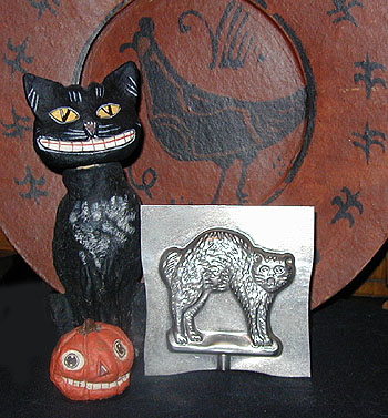 HT6 vintage tin Halloween lollipop chocolate mold, cat design, 3.5 inches