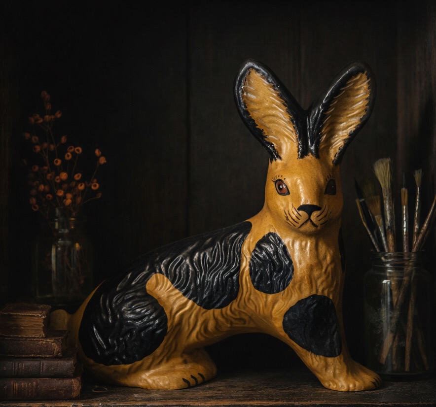 R187 chalkware Velveteen Rabbit with yelloware finish and forward-facing gaze