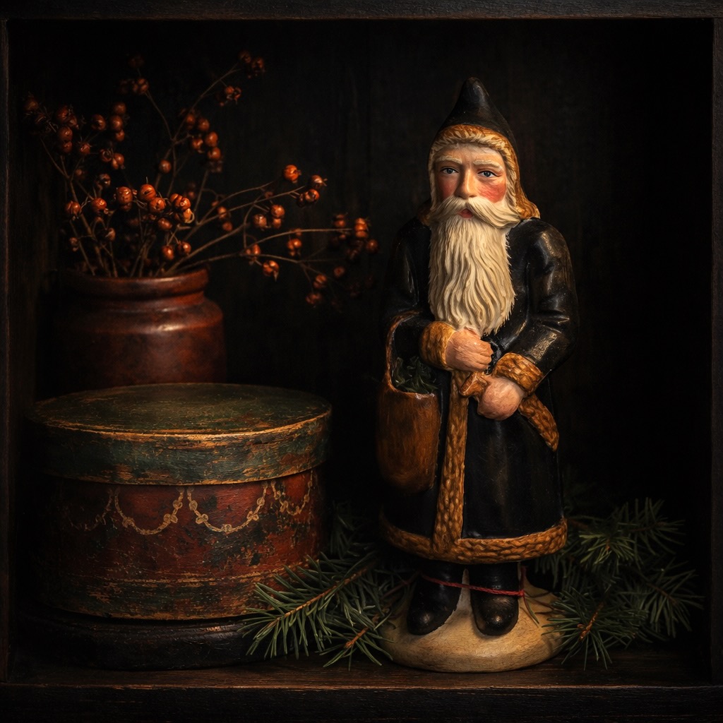 S437 Primitive Black Coat Chalkware Belsnickle Santa cast from an antique chocolate mold main view