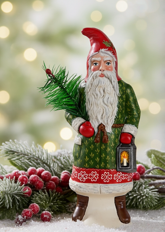 Hand-painted large-scale 8-inch Chalkware Santa with Lantern featuring Fleur-de-Lis and Scandinavian heart-clover trim, item S529
