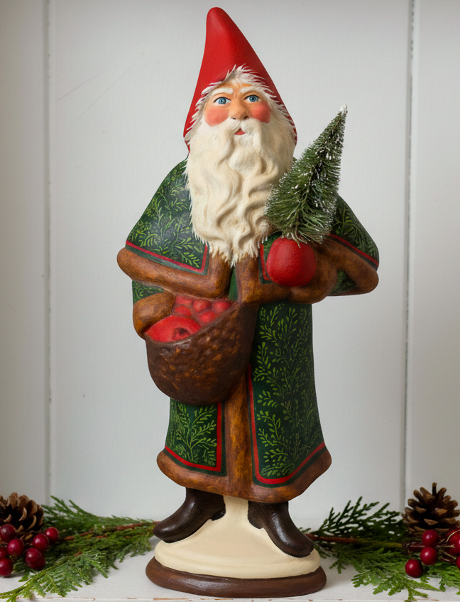 S532 chalkware belsnickle santa with tree and apples, hand-painted deep evergreen laurel leaf motif