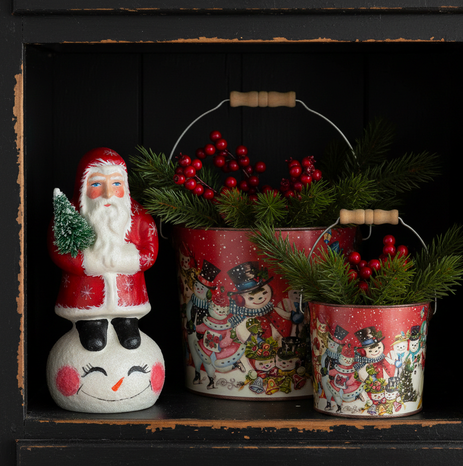 S695 Folk art Chalkware Santa on Snowman