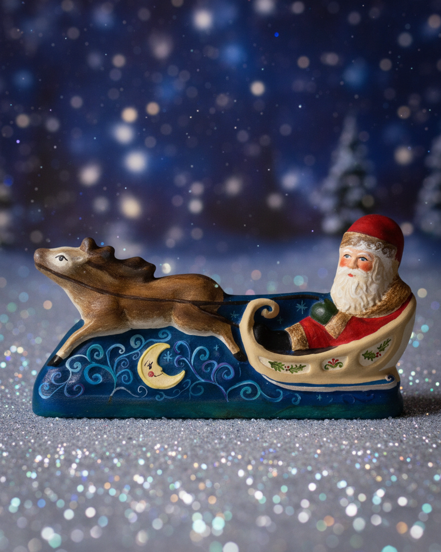 S570 Whimsical Chalkware Santa on Sleigh with Prussian blue sky, swirling clouds and a smiling moon