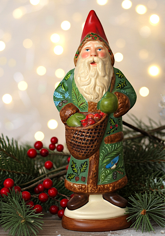 Hand-painted large-scale Chalkware Santa with apples, cast from an antique chocolate mold and painted with holiday greenery and blue birds, item S644