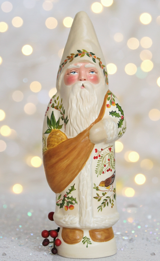Hand-painted large-scale 8.5-inch Narrative Chalkware Santa with folk art birds and pineapple, item S653