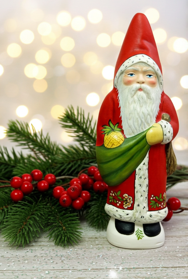 Hand-painted large-scale chalkware Santa featuring an intricate festive floral pattern, item S707