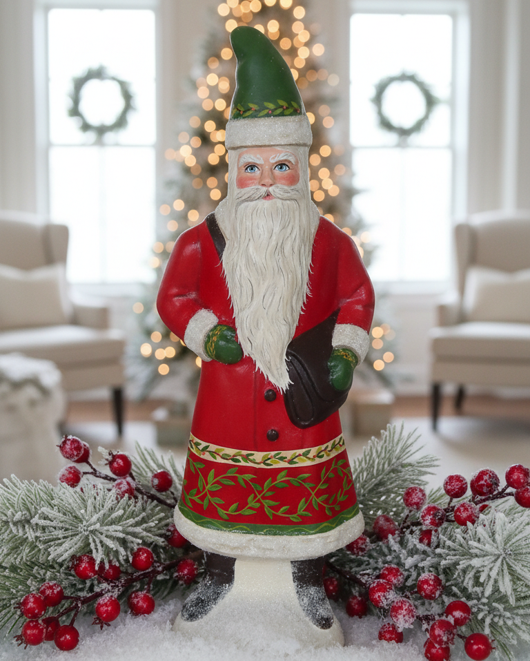 Chalkware Santa hand-cast from an antique chocolate mold with a trailing evergreen vine on a crimson red background, item S821